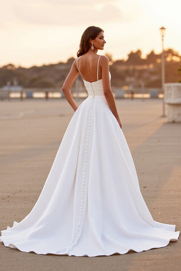 White Spaghetti Straps Ruched High Low Wedding Dress